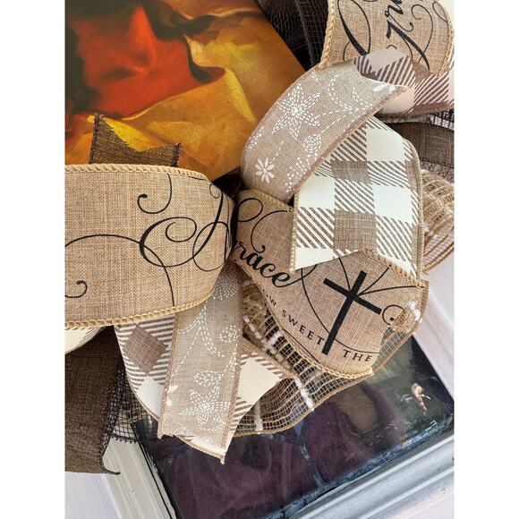 Everyay Year Round Neutral Color Jesus Mesh Ribbon Wreath Front Door Hanger - Picture 5 of 9